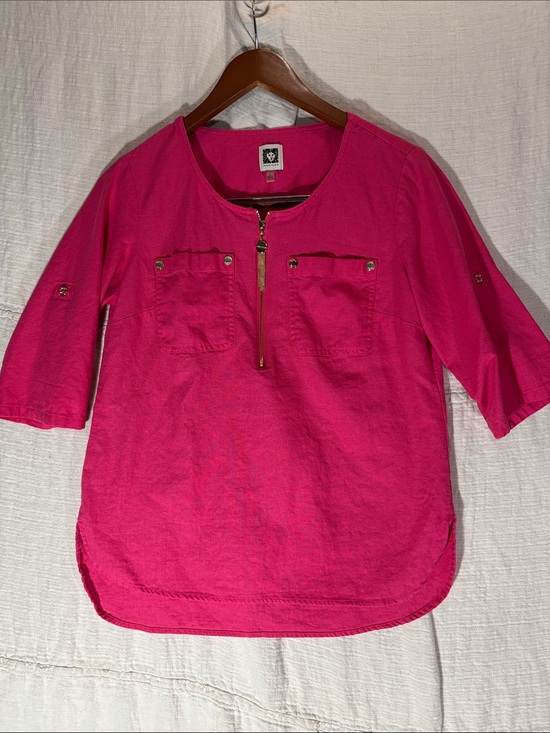 Anne Klein Tops - Anne Klein Fuchsia Hot Pink Linen Blend Quarter Zip Blouse Tunic Small Like New